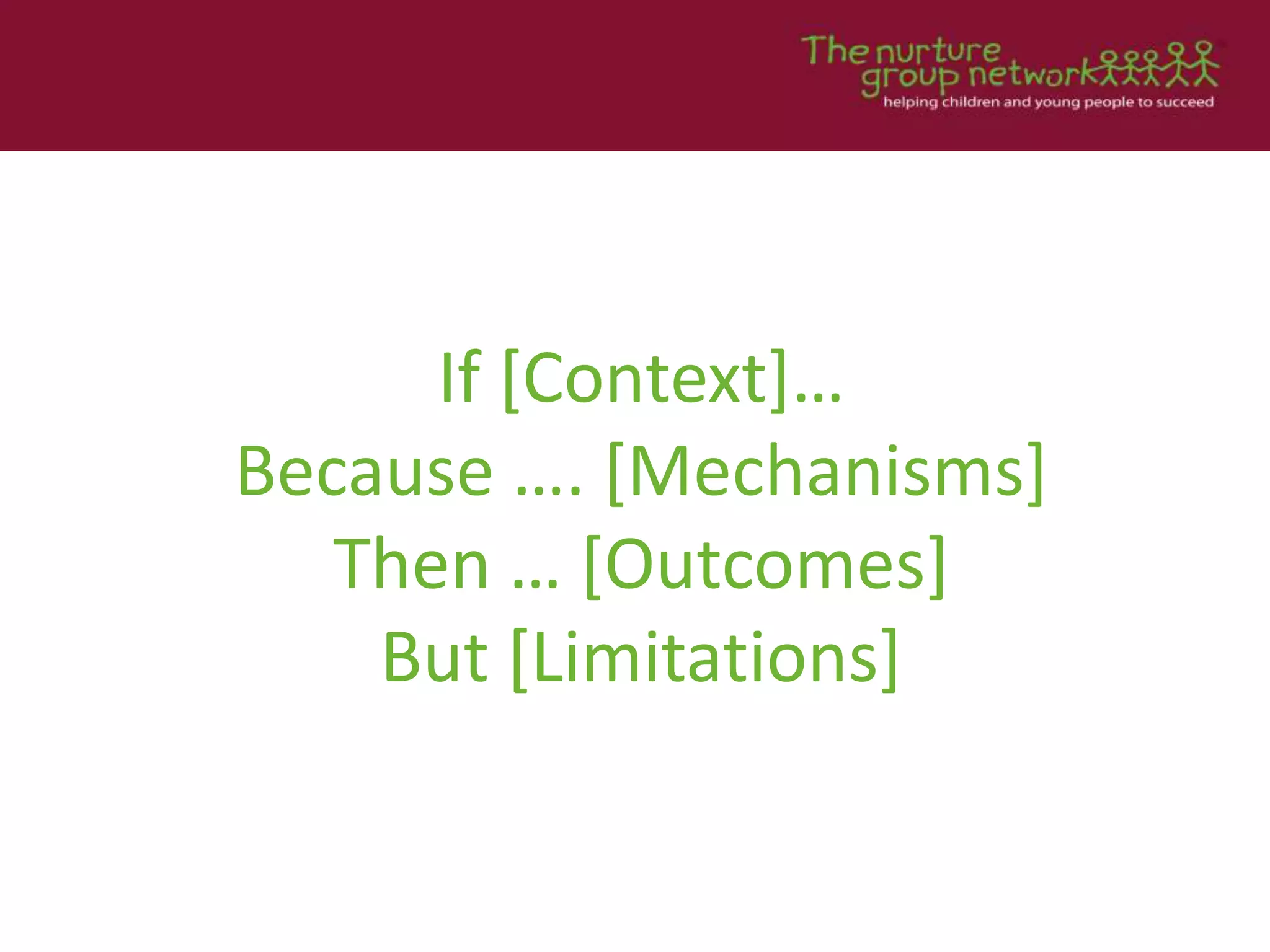 If [Context]…
Because …. [Mechanisms]
Then … [Outcomes]
But [Limitations]
 