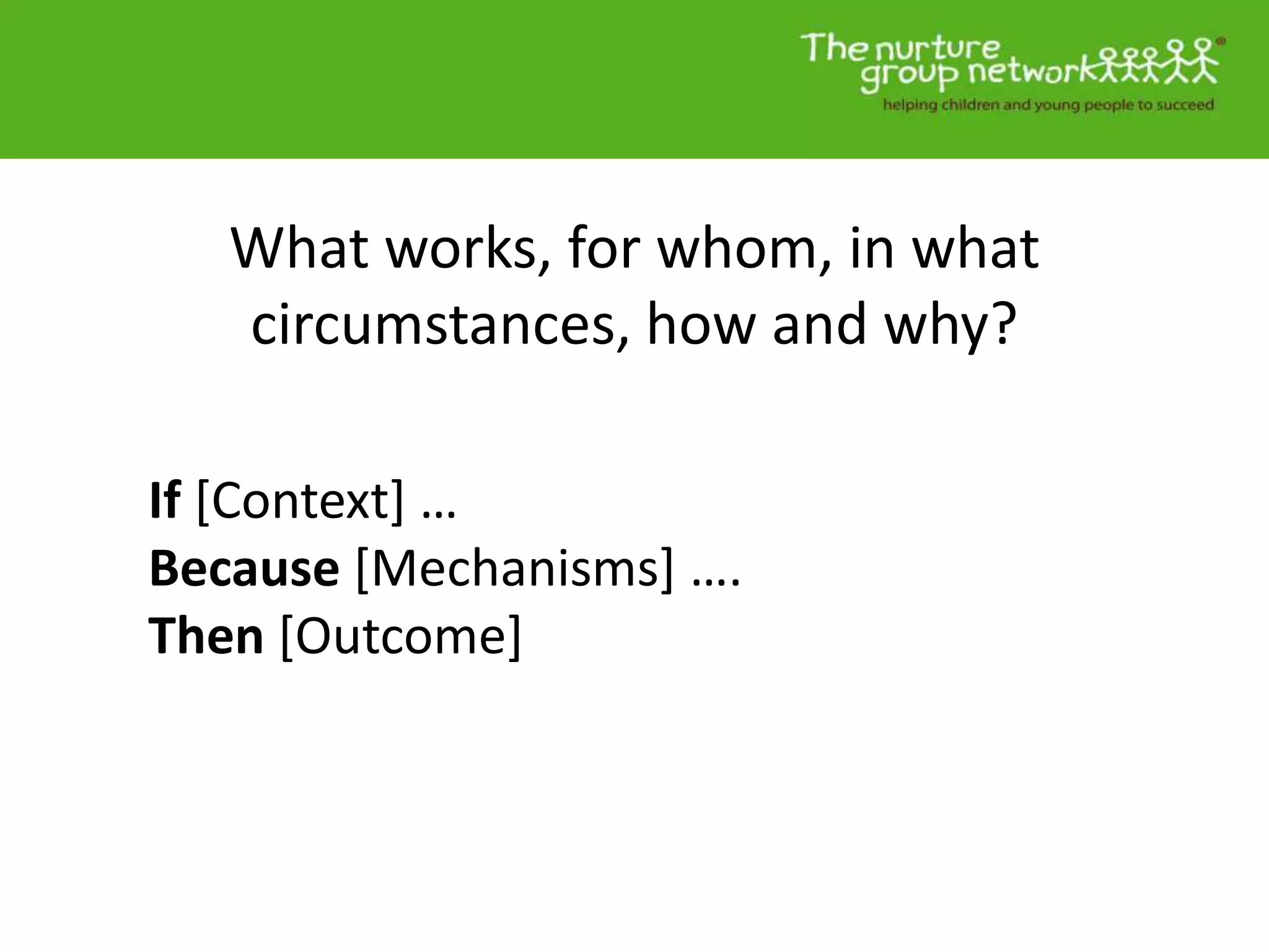 What works, for whom, in what
circumstances, how and why?
If [Context] …
Because [Mechanisms] ….
Then [Outcome]
 