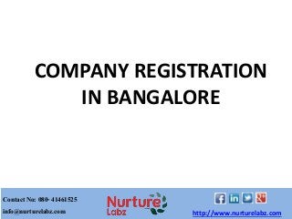 COMPANY REGISTRATION
IN BANGALORE
Contact No: 080- 41461525
info@nurturelabz.com http://www.nurturelabz.com
 