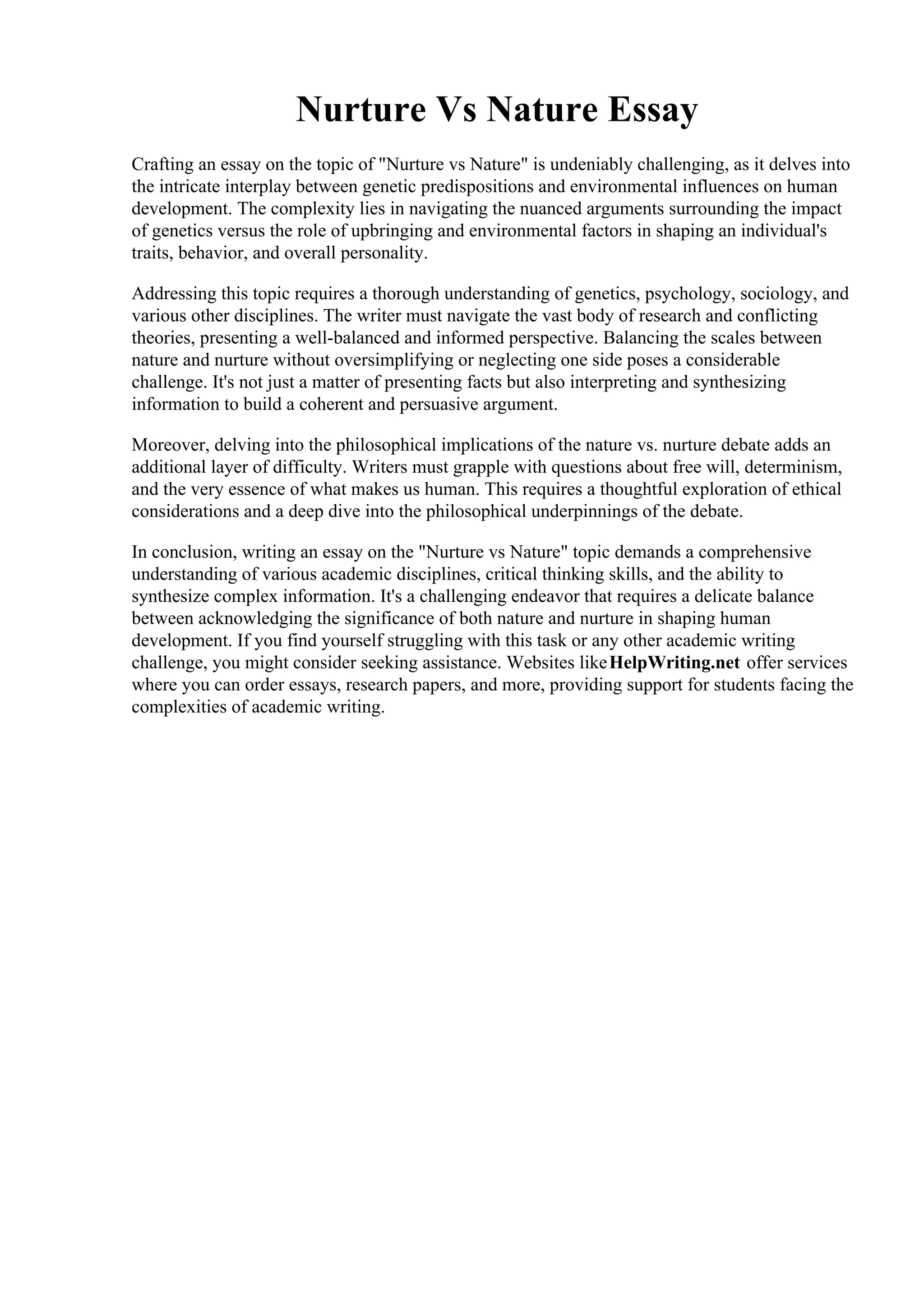 Nurture Vs Nature Essay. What is nature versus nurture argument essay ...