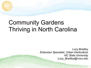 Community Gardens
Thriving in North Carolina

Lucy Bradley
Extension Specialist, Urban Horticulture
NC State University
Lucy_Bradley@ncsu.edu

 