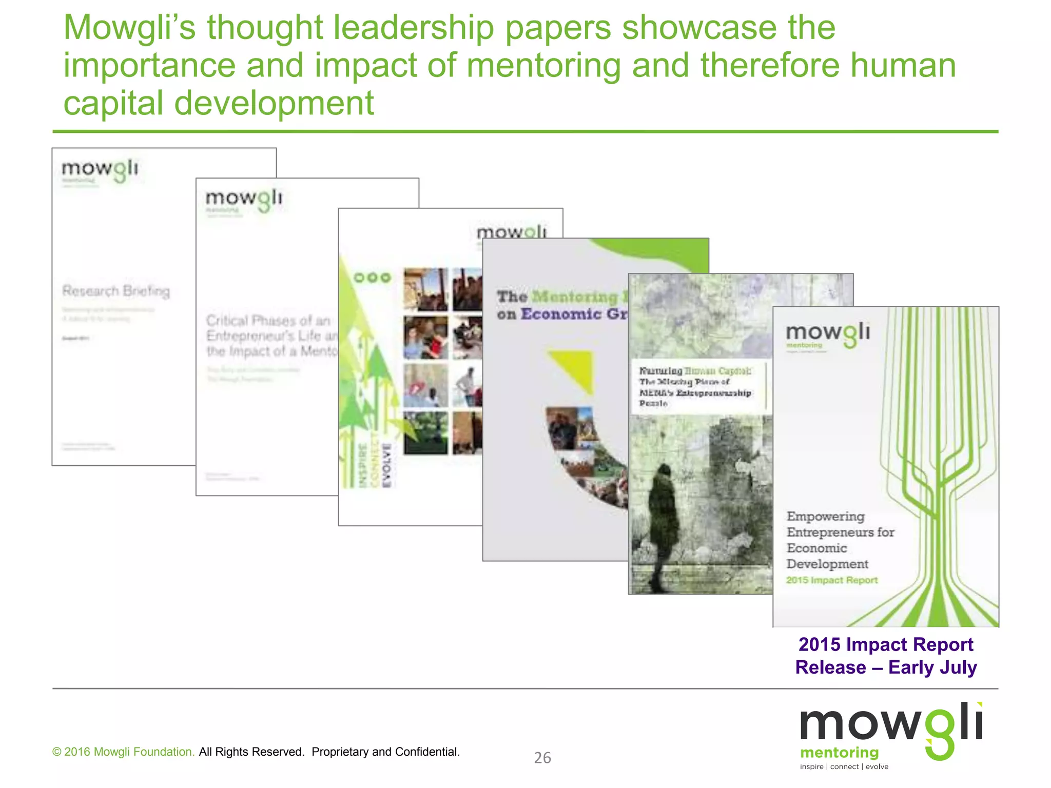 26© 2016 Mowgli Foundation. All Rights Reserved. Proprietary and Confidential.
Mowgli’s thought leadership papers showcase the
importance and impact of mentoring and therefore human
capital development
2015 Impact Report
Release – Early July
 