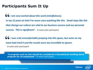 Participants Sum It Up

                  I am very excited about this work (mindfulness).
      In my 12 years at Intel I've never seen anything like this. Small steps like this
      that change our culture are vital to our business success and our personal
      success. This is significant!                             - 8-week pilot participant



                  I was a bit uncomfortable jumping into this space, but some on my
      team had tried it and the results were too incredible to ignore.
      - 8-week pilot participant



          “A program such as this should be considered a foundational building block
          program for all employees”- 8-week participant.




9   Copyright © 2013, Intel Corporation. All rights reserved.
 