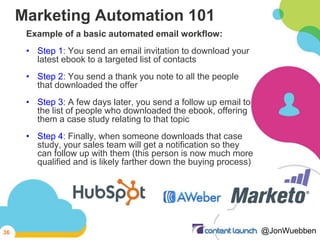 Marketing Automation 101
Example of a basic automated email workflow:
• Step 1: You send an email invitation to download y...