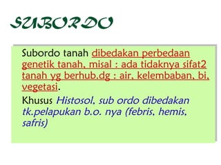 SUBORDO

 Subordo tanah dibedakan perbedaan
Subordo tanah dibedakan perbedaan
genetik tanah, misal :: ada tidaknya sifat2
 genetik tanah, misal ada tidaknya sifat2
tanah yg berhub.dg :: air, kelembaban, bi,
 tanah yg berhub.dg air, kelembaban, bi,
 vegetasi.
vegetasi.
 Khusus Histosol, sub ordo dibedakan
Khusus Histosol, sub ordo dibedakan
 tk.pelapukan b.o. nya (febris, hemis,
tk.pelapukan b.o. nya (febris, hemis,
 safris)
safris)
 