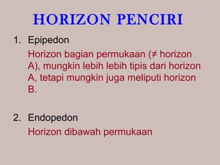 HORIZON PENCIRI
1. Epipedon
   Horizon bagian permukaan (≠ horizon
   A), mungkin lebih lebih tipis dari horizon
   A, tetapi mungkin juga meliputi horizon
   B.

2. Endopedon
   Horizon dibawah permukaan
 