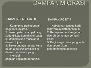DAMPAK NEGATIF DAMPAK POSITIF
1. Kurangnya perlindungan
bagi para imigran.
2. Kesempatan atau peluang
kerja di kota semakin terbatas.
3. Menimbulkan masalah di
daerah tujuan
4. Berkurangnya tenaga kerja
muda atau usia produktif di
daerah pedesaan yang
menjadi
andalan kegiatan pertanian.
1. Kebutuhan tenaga kerja
masyarakat kota tercukupi
2. Kemajuan pembangunan
daerah perkotaan semakin
Pesat
3. Bagi warga desa yang sadar
dan peduli akan
perkembangan desanya
 
