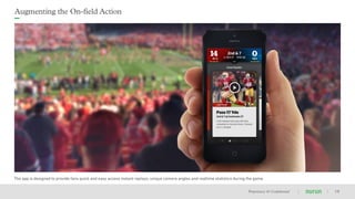 Proprietary & Conﬁdential
Augmenting the On-field Action
19
The app is designed to provide fans quick and easy access instant replays, unique camera angles and realtime statistics during the game.
 