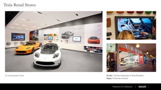 Tesla Retail Stores
El concesionario Tesla Arriba: Clientes diseñando el Tesla Roadster
Abajo: Frente de la tienda
Propietaria & Conﬁdencial
 