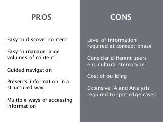 PROS CONS 
Level of information 
required at concept phase 
! 
Consider different users 
e.g. cultural stereotype 
! 
Cost...