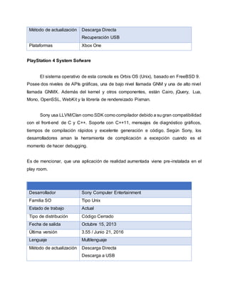 Método de actualización Descarga Directa
Recuperación USB
Plataformas Xbox One
PlayStation 4 System Sofware
El sistema operativo de esta consola es Orbis OS (Unix), basado en FreeBSD 9.
Posee dos niveles de APIs gráficas, una de bajo nivel llamada GNM y una de alto nivel
llamada GNMX. Además del kernel y otros componentes, están Cairo, jQuery, Lua,
Mono, OpenSSL, WebKit y la librería de rendereizado Pixman.
Sony usa LLVM/Clan como SDK como compilador debido a su gran compatibilidad
con el front-end de C y C++. Soporte con C++11, mensajes de diagnóstico gráficos,
tiempos de compilación rápidos y excelente generación e código. Según Sony, los
desarrolladores aman la herramienta de complicación a excepción cuando es el
momento de hacer debugging.
Es de mencionar, que una aplicación de realidad aumentada viene pre-instalada en el
play room.
Desarrollador Sony Computer Entertainment
Familia SO Tipo Unix
Estado de trabajo Actual
Tipo de distribución Código Cerrado
Fecha de salida Octubre 15, 2013
Última versión 3.55 / Junio 21, 2016
Lenguaje Multilenguaje
Método de actualización Descarga Directa
Descarga a USB
 
