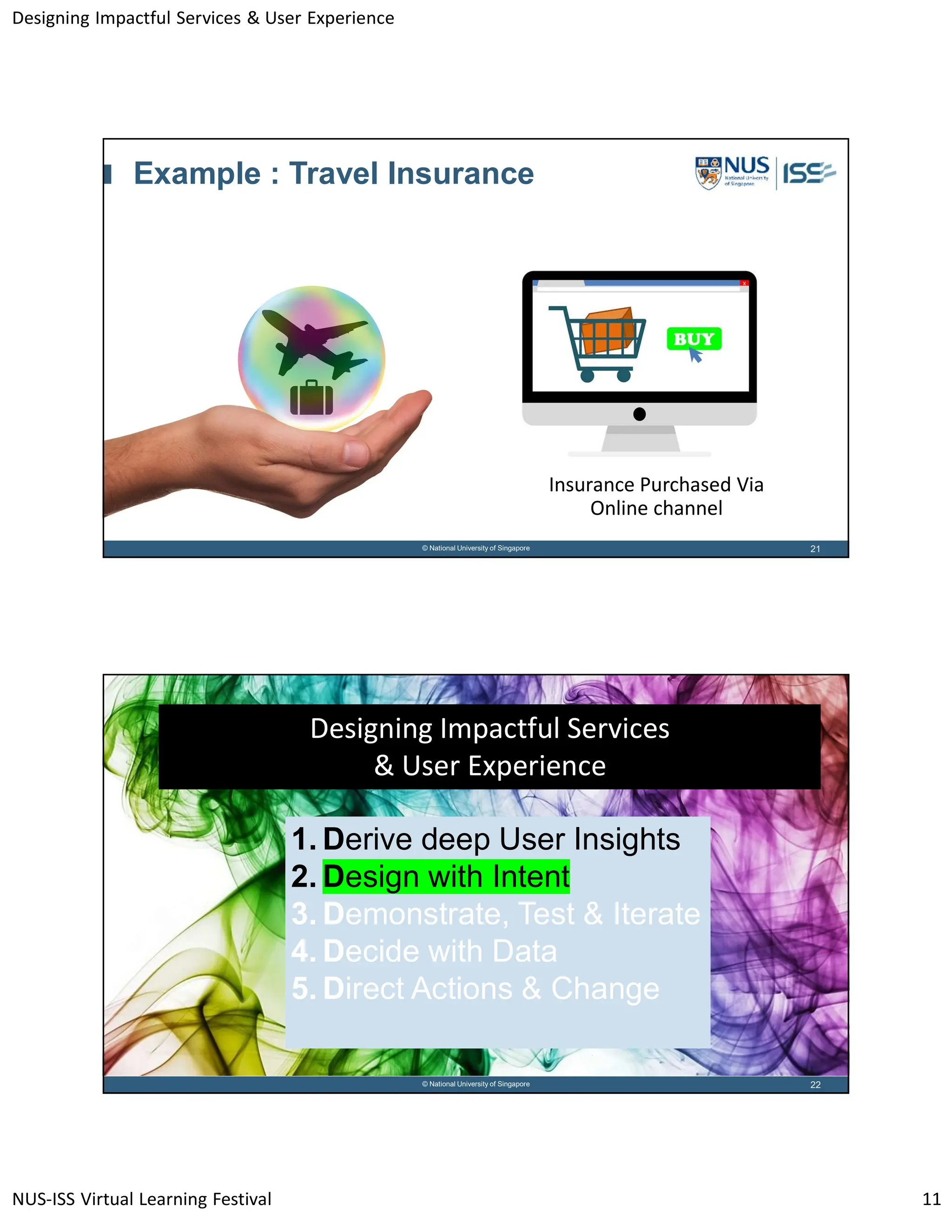 Designing Impactful Services & User Experience
NUS-ISS Virtual Learning Festival 11
21
© National University of Singapore
Example : Travel Insurance
Insurance Purchased Via
Online channel
22
© National University of Singapore
Designing Impactful Services
& User Experience
1. Derive deep User Insights
2. Design with Intent
3. Demonstrate, Test & Iterate
4. Decide with Data
5. Direct Actions & Change
 