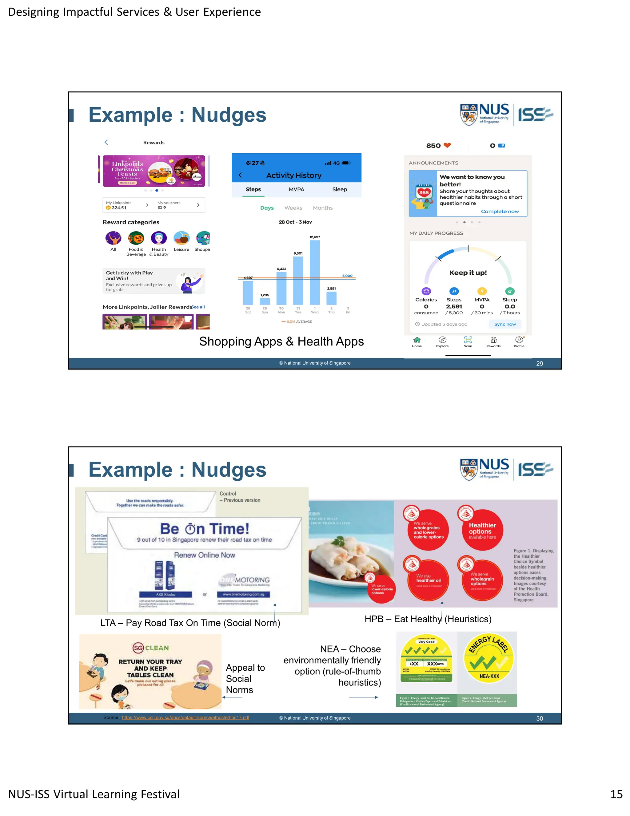 Designing Impactful Services & User Experience
NUS-ISS Virtual Learning Festival 15
29
© National University of Singapore
Example : Nudges
Shopping Apps & Health Apps
30
© National University of Singapore
Example : Nudges
Source : https://www.csc.gov.sg/docs/default-source/ethos/ethos17.pdf
LTA – Pay Road Tax On Time (Social Norm) HPB – Eat Healthy (Heuristics)
NEA – Choose
environmentally friendly
option (rule-of-thumb
heuristics)
Appeal to
Social
Norms
 