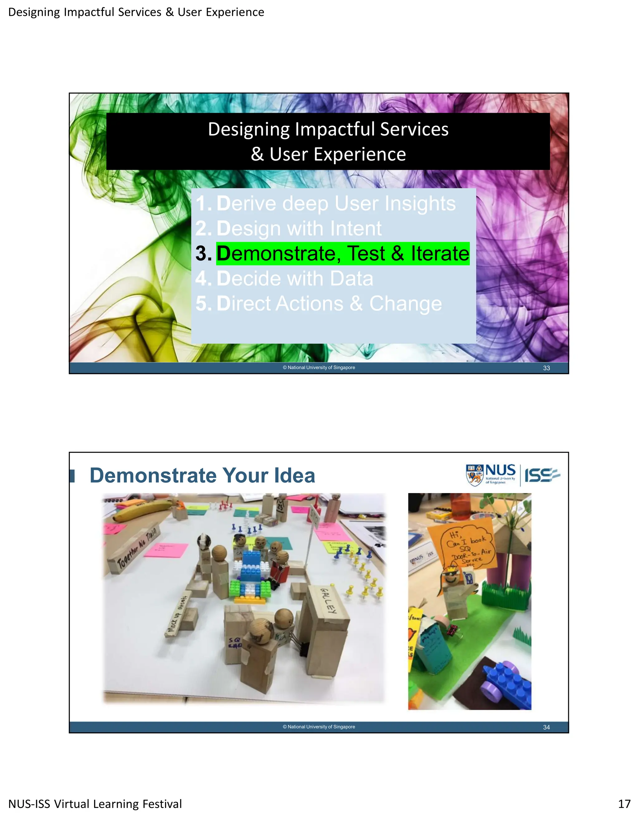 Designing Impactful Services & User Experience
NUS-ISS Virtual Learning Festival 17
33
© National University of Singapore
Designing Impactful Services
& User Experience
1. Derive deep User Insights
2. Design with Intent
3. Demonstrate, Test & Iterate
4. Decide with Data
5. Direct Actions & Change
34
© National University of Singapore
Demonstrate Your Idea
 