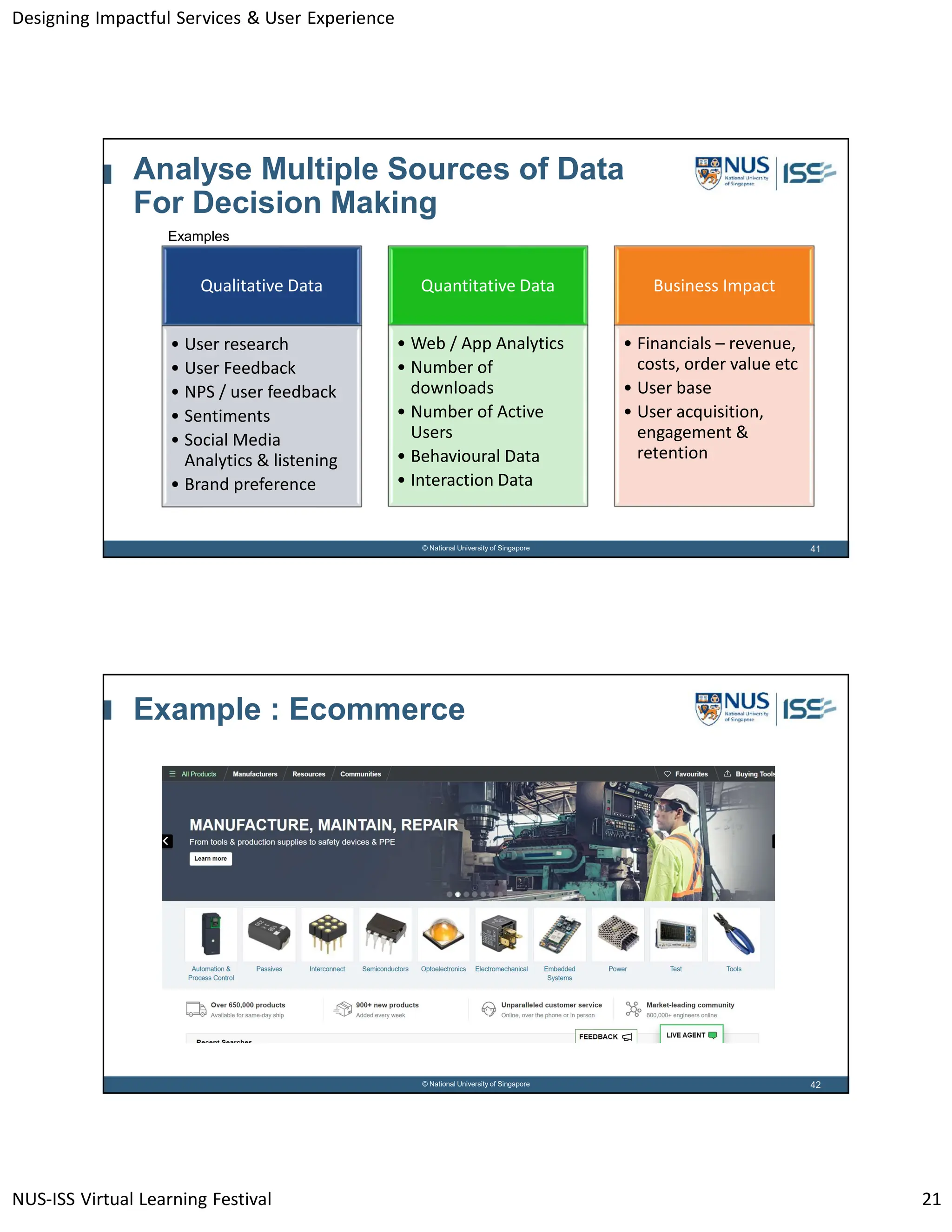 Designing Impactful Services & User Experience
NUS-ISS Virtual Learning Festival 21
41
© National University of Singapore
Analyse Multiple Sources of Data
For Decision Making
Qualitative Data
• User research
• User Feedback
• NPS / user feedback
• Sentiments
• Social Media
Analytics & listening
• Brand preference
Quantitative Data
• Web / App Analytics
• Number of
downloads
• Number of Active
Users
• Behavioural Data
• Interaction Data
Business Impact
• Financials – revenue,
costs, order value etc
• User base
• User acquisition,
engagement &
retention
Examples
42
© National University of Singapore
Example : Ecommerce
 