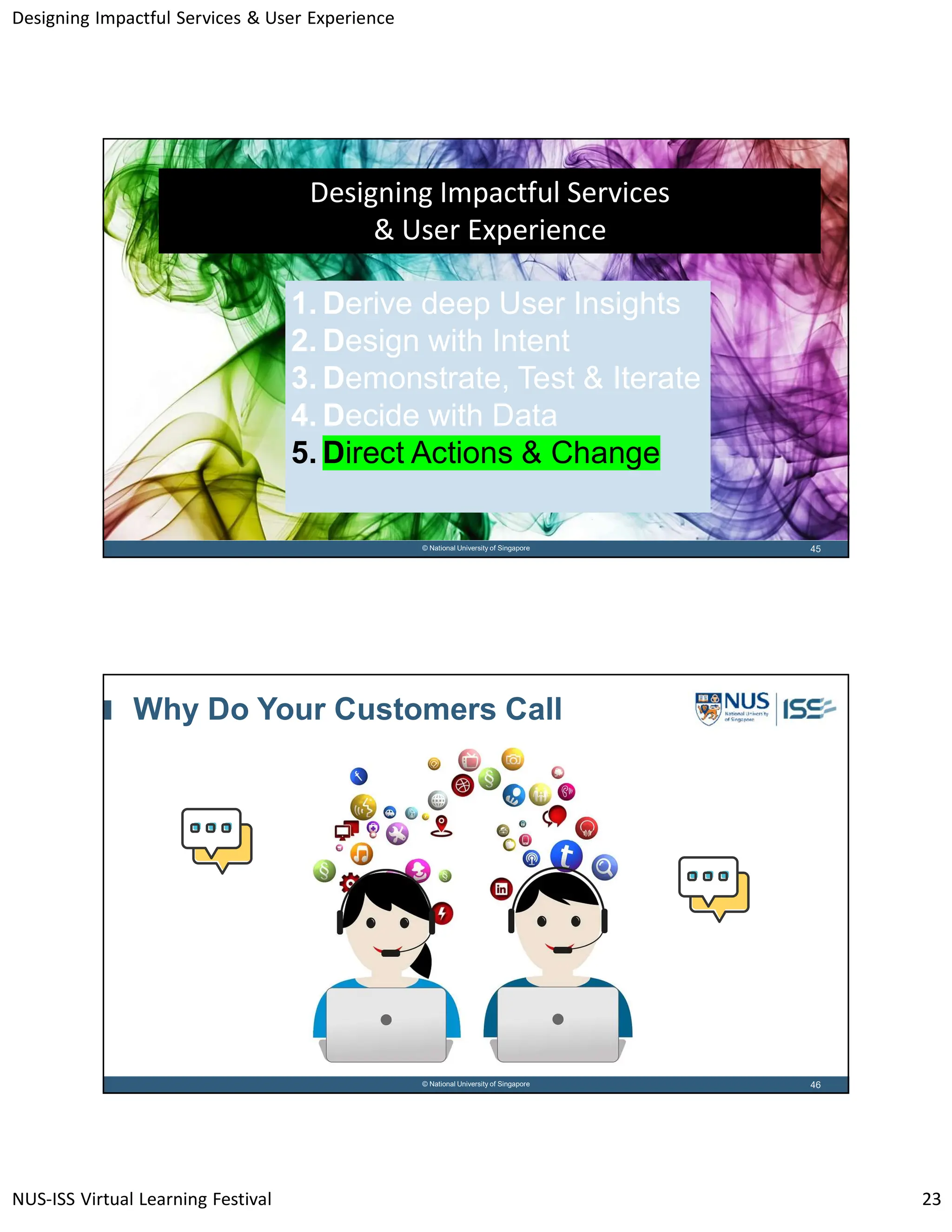 Designing Impactful Services & User Experience
NUS-ISS Virtual Learning Festival 23
45
© National University of Singapore
Designing Impactful Services
& User Experience
1. Derive deep User Insights
2. Design with Intent
3. Demonstrate, Test & Iterate
4. Decide with Data
5. Direct Actions & Change
46
© National University of Singapore
Why Do Your Customers Call
 