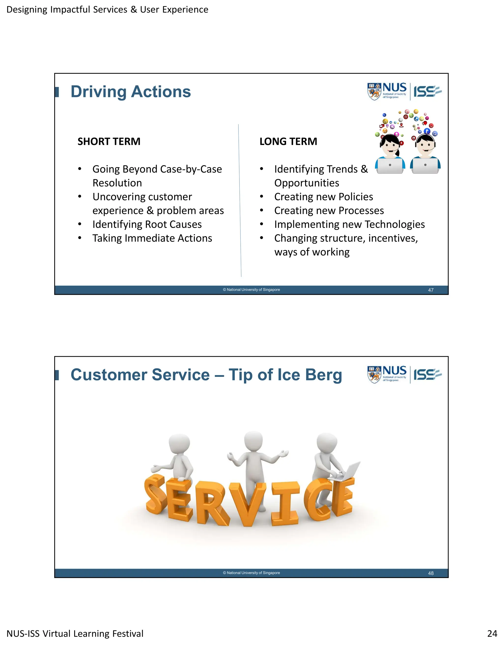 Designing Impactful Services & User Experience
NUS-ISS Virtual Learning Festival 24
47
© National University of Singapore
Driving Actions
SHORT TERM
• Going Beyond Case-by-Case
Resolution
• Uncovering customer
experience & problem areas
• Identifying Root Causes
• Taking Immediate Actions
LONG TERM
• Identifying Trends &
Opportunities
• Creating new Policies
• Creating new Processes
• Implementing new Technologies
• Changing structure, incentives,
ways of working
48
© National University of Singapore
Customer Service – Tip of Ice Berg
 