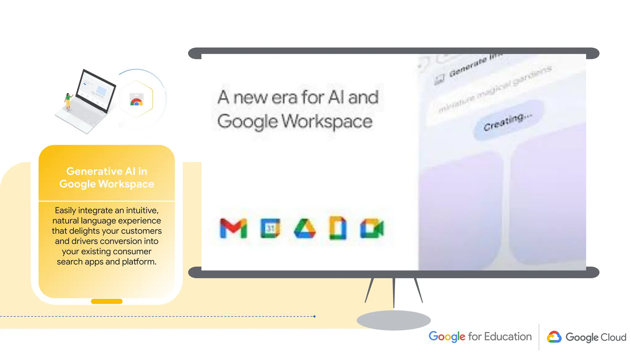 Generative AI in
Google Workspace
Easily integrate an intuitive,
natural language experience
that delights your customers
and drivers conversion into
your existing consumer
search apps and platform.
 