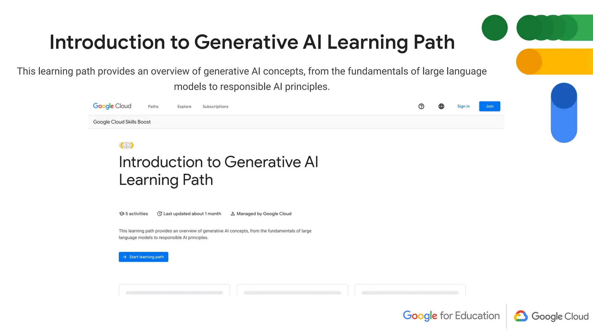 Introduction to Generative AI Learning Path
This learning path provides an overview of generative AI concepts, from the fundamentals of large language
models to responsible AI principles.
 