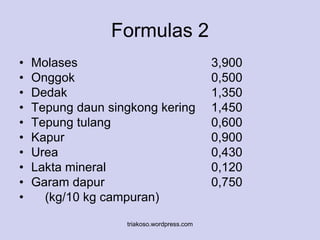 Formulas 2 
• Molases 3,900 
• Onggok 0,500 
• Dedak 1,350 
• Tepung daun singkong kering 1,450 
• Tepung tulang 0,600 
• Kapur 0,900 
• Urea 0,430 
• Lakta mineral 0,120 
• Garam dapur 0,750 
• (kg/10 kg campuran) 
triakoso.wordpress.com 
 