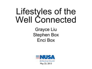 Lifestyles of the
Well Connected
Grayce Liu
Stephen Box
Enci Box
May 23, 2013
 