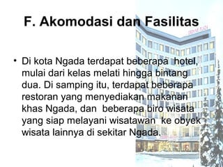 F. Akomodasi dan Fasilitas

• Di kota Ngada terdapat beberapa hotel,
  mulai dari kelas melati hingga bintang
  dua. Di samping itu, terdapat beberapa
  restoran yang menyediakan makanan
  khas Ngada, dan beberapa biro wisata
  yang siap melayani wisatawan ke obyek
  wisata lainnya di sekitar Ngada.
 
