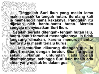Tinggallah Suri Ikun yang makin lama
makin masuk ke tengah hutan. Berulang kali
ia memanggil nama kakaknya. Panggilan itu
dijawab oleh hantu-hantu hutan. Mereka
sengaja menyesatkan Suri Ikun.
  Setelah berada ditengah- tengah hutan lalu,
hantu-hantu tersebut menangkapnya. Ia tidak
langsung dimakan, karena menurut hantu-
hantu itu ia masih terlalu kurus.
     Ia kemudian dikurung ditengah gua. Ia
diberi makan dengan teratur. Gua itu gelap
sekali.   Namun      untunglah    ada  celah
disampingnya, sehingga Suri Ikun masih ada
sinar yang masuk ke dalam gua.
 