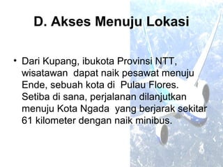 D. Akses Menuju Lokasi

• Dari Kupang, ibukota Provinsi NTT,
  wisatawan dapat naik pesawat menuju
  Ende, sebuah kota di Pulau Flores.
  Setiba di sana, perjalanan dilanjutkan
  menuju Kota Ngada yang berjarak sekitar
  61 kilometer dengan naik minibus.
 