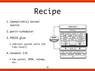 Application 
POSIX glue 
TCP UDP DCCP SCTP 
ICMP ARP 
IPv6 IPv4 
Qdisc 
Netfilter Bridging 
Netlink 
IPSec Tunneling 
Kernel layer 
NUSE core 
bottom halves/ 
rcu/timer/ 
interrupt 
struct 
net_device 
RAW DPDK netmap ... 
NIC 
Recipe 
petit-scheduler 
1. (monolithic) kernel 
source 
2. petit-scheduler 
3. POSIX glue 
• redirect system calls (at 
libc-level) 
4. network I/O 
• raw socket, DPDK, netmap, 
etc.. 
13 
 
