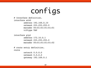 configs 
17 
# Interface definition.! 
interface eth0! 
address 192.168.0.10! 
netmask 255.255.255.0! 
macaddr 00:01:01:01...