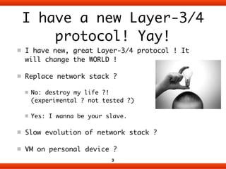 I have a new Layer-3/4 
protocol! Yay! 
I have new, great Layer-3/4 protocol ! It 
will change the WORLD ! 
Replace networ...