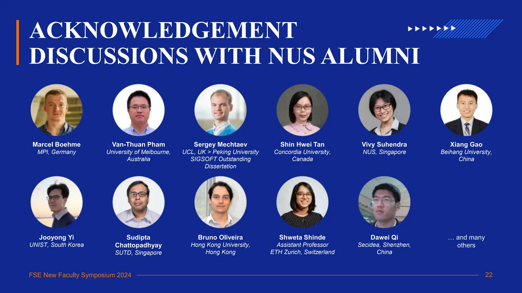 FSE New Faculty Symposium 2024
ACKNOWLEDGEMENT
DISCUSSIONS WITH NUS ALUMNI
… and many
others
Marcel Boehme
MPI, Germany
Sergey Mechtaev
UCL, UK > Peking University
SIGSOFT Outstanding
Dissertation
Van-Thuan Pham
University of Melbourne,
Australia
Shweta Shinde
Assistant Professor
ETH Zurich, Switzerland
Dawei Qi
Secidea, Shenzhen,
China
Shin Hwei Tan
Concordia University,
Canada
Xiang Gao
Beihang University,
China
Jooyong Yi
UNIST, South Korea
Sudipta
Chattopadhyay
SUTD, Singapore
Bruno Oliveira
Hong Kong University,
Hong Kong
Vivy Suhendra
NUS, Singapore
22
 