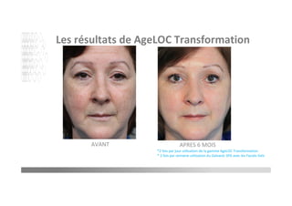 APRES 6 MOIS
*2 fois par jour utilisation de la gamme AgeLOC Transformation
* 2 fois par semaine utilisation du Galvanic SPA avec les Facials Gels
AVANT
Les résultats de AgeLOC Transformation
 