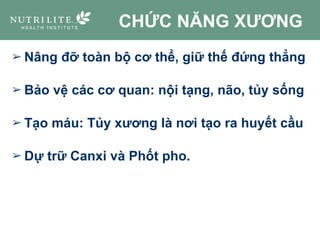 CHỨC NĂNG XƯƠNG
➢ Nâng đỡ toàn bộ cơ thể, giữ thế đứng thẳng
➢ Bảo vệ các cơ quan: nội tạng, não, tủy sống
➢ Tạo máu: Tủy xương là nơi tạo ra huyết cầu
➢ Dự trữ Canxi và Phốt pho.
 