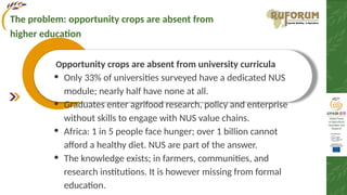 The problem: opportunity crops are absent from
higher education
Opportunity crops are absent from university curricula
• Only 33% of universities surveyed have a dedicated NUS
module; nearly half have none at all.
• Graduates enter agrifood research, policy and enterprise
without skills to engage with NUS value chains.
• Africa: 1 in 5 people face hunger; over 1 billion cannot
afford a healthy diet. NUS are part of the answer.
• The knowledge exists; in farmers, communities, and
research institutions. It is however missing from formal
education.
 