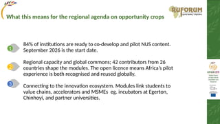 84% of institutions are ready to co-develop and pilot NUS content.
September 2026 is the start date.
Regional capacity and global commons; 42 contributors from 26
countries shape the modules. The open licence means Africa’s pilot
experience is both recognised and reused globally.
Connecting to the innovation ecosystem. Modules link students to
value chains, accelerators and MSMEs eg. incubators at Egerton,
Chinhoyi, and partner universities.
1
2
3
What this means for the regional agenda on opportunity crops
 