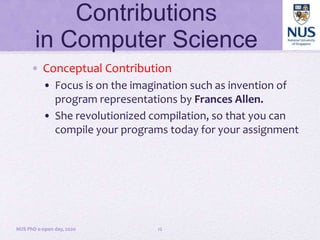 Contributions
in Computer Science
• Conceptual Contribution
• Focus is on the imagination such as invention of
program rep...