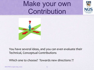 Make your own
Contribution
NUS PhD e-open day, 2020
You have several ideas, and you can even evaluate their
Technical, Con...