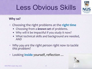 Less Obvious Skills
Why so?
• Choosing the right problems at the right time
• Choosing from a known set of problems.
• Why...