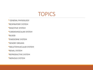 TOPICS
 GENERAL PHYSIOLOGY
RESPIRATORY SYSTEM
DIGESTIVE SYSTEM
CARDIOVASCULAR SYSTEM
BLOOD
ENDOCRINE SYSTEM
SENORY ORGANS
SKELETOMUSCULAR SYSTEM
RENAL SYSTEM
REPRODUCTIVE SYSTEM
NERVOUS SYSTEM
 