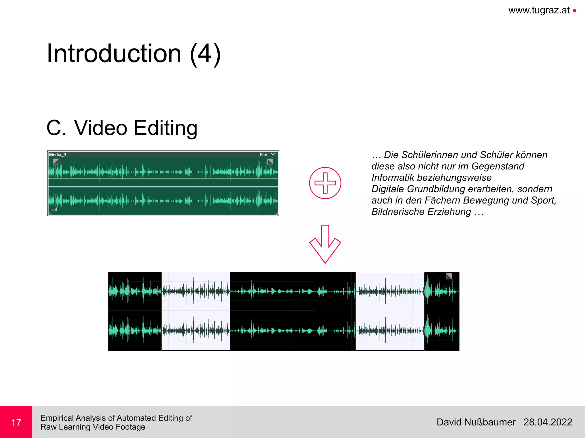 www.tugraz.at ■
28.04.2022
David Nußbaumer
Empirical Analysis of Automated Editing of
 
Raw Learning Video Footage
17
Introduction (4)
C. Video Editing
… Die Schülerinnen und Schüler können


diese also nicht nur im Gegenstand


Informatik beziehungsweise


Digitale Grundbildung erarbeiten, sondern


auch in den Fächern Bewegung und Sport,


Bildnerische Erziehung …
 