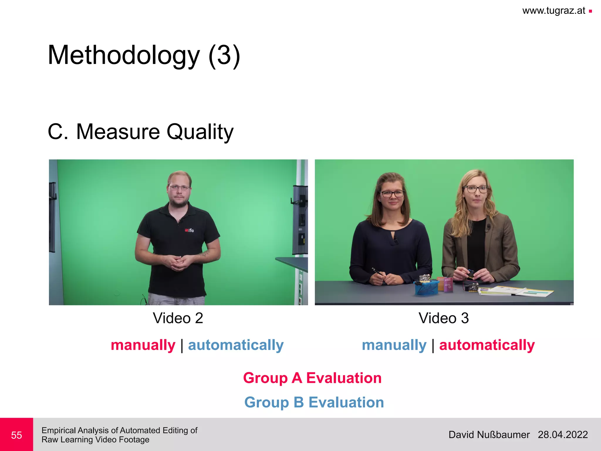 www.tugraz.at ■
28.04.2022
David Nußbaumer
Empirical Analysis of Automated Editing of
 
Raw Learning Video Footage
C. Measure Quality
55
Methodology (3)
Video 2 Video 3
manually | automatically manually | automatically
Group B Evaluation
Group A Evaluation
 