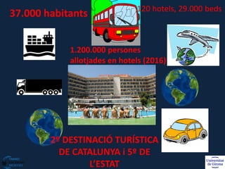 37.000 habitants
2º DESTINACIÓ TURÍSTICA
DE CATALUNYA i 5º DE
L’ESTAT
1.200.000 persones
allotjades en hotels (2016)
120 hotels, 29.000 beds
 