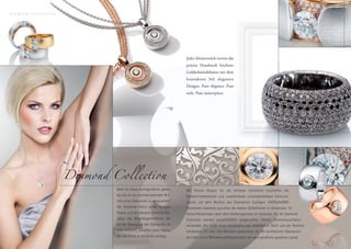 D I A M O N D
D N O M A I D   C O L L E C T I O N
                N O I T C E L L O C




                                                                                        Jedes Meisterstück vereint das
                                                                                        präzise Handwerk höchster
                                                                                        Goldschmiedekunst mit dem
                                                                                        besonderen Stil eleganten
                                                                                        Designs. Pure elegance. Pure
                                                                                        style. Pure masterpiece.




                                      Diamond Collection
                                               Kann es etwas Aufregenderes geben,       Mit feinem Gespür für die zeitloser Schönheit erschaffen die
                                               als sich an der atemberaubenden Bril-    Goldschmiedemeister und Juwelenfasser unverwechselbare Schmuck-
                                               lanz eines Diamanten zu berauschen?      stücke, die dem Mythos des Diamanten huldigen. CAPOLAVORO-
                                               Der fesselnde Glanz seines farbigen      Diamanten stammen aus einer der besten Schleifereien in Antwerpen. Ihr
                                               Feuers und die überaus sinnliche Kla-    Herkunftsnachweis nach dem Kimberlyprozess ist lückenlos. Für die Diamond
                                               viatur des Regenbogeneffektes, der       Collection werden ausschließlich ausgesuchte, feinste Diamantqualitäten
                                               bei der Bewegung des Diamanten im        verwendet. Die Farbe muss mindestens von hochfeinem Weiß und die Reinheit
                                               Licht entsteht, schaffen einen Status,   mindestens SI1 sein. Des Weiteren garantieren die IGI-zertiﬁzierten Diamanten
                                               der alle Sinne zu berühren vermag.       ab 0.50ct einen Mindestqualitätsstandard von very good/very good/very good.
 