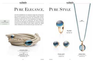 Pure eleGance. Pure Style 
Der Schmuckkollektionen von Capolavoro tragen eine unverwechsel - 
bare Handschrift, die sich durch höchste Qualität in Design, Ästhetik, 
Material und Verarbeitung auszeichnet. Sie unterstreichen die fas zi-nierenden 
Facetten einer Frau: ihre Ausstrahlung, ihre Eleganz, ihre 
Sinnlichkeit, ihren Still, ihre Leidenschaft. Die warme Strahlkraft, 
die sprühende Lebendigkeit der petrolfarbenen und blauen Topase, 
die die neue Colour Collection Velluto prägen, verleihen der Trägerin 
dieser meisterlichen Schmuckstücke eine ganz besondere Aura. www.capolavoro.de 
Lederarmband „Velluto“ 
sandfarben, 4-reihig mit Schmuckelementen, 
750er Gold, Diamanten. 
blaue und petrolfarbene Topase 
Preis 
mit kleinem Stein 445,– Euro 
mit großem Stein 1.195,– Euro 
mit Gold und Diamanten 1.190,– Euro 
Lederarmband 59,– Euro 
50 SCHMUCK SCHMUCK 51 
Anhänger „Velluto“ 
750er Rotgold, Diamanten, 
blaue und petrolfarbene Topase 
Preis 2.485,– Euro 
Ohrstecker „Velluto“ 
750er Rotgold, 
petrolfarbene Topase 
Preis 965,– Euro 
Ring „Velluto“ 
750er Rotgold, 
petrolfarbener Topas 
Preis 1.880,– Euro 
Kette 
Preis 95,– Euro 
 