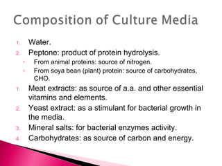 1.       Water.
2.       Peptone: product of protein hydrolysis.
     ◦    From animal proteins: source of nitrogen.
     ◦    From soya bean (plant) protein: source of carbohydrates,
          CHO.
1.       Meat extracts: as source of a.a. and other essential
         vitamins and elements.
2.       Yeast extract: as a stimulant for bacterial growth in
         the media.
3.       Mineral salts: for bacterial enzymes activity.
4.       Carbohydrates: as source of carbon and energy.
 
