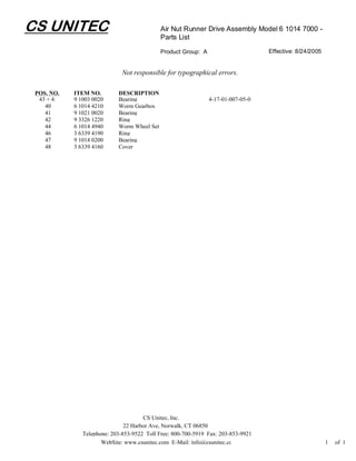 CS UNITEC                                    Air Nut Runner Drive Assembly Model 6 1014 7000 -
                                             Parts List

                                             Product Group: A                      Effective: 8/24/2005


                              Not responsible for typographical errors.

 POS. NO.   ITEM NO.        DESCRIPTION
  43 + 45   9 1003 0020     Bearing                             4-17-01-007-05-0
    40      6 1014 4210     Worm Gearbox
    41      9 1021 0020     Bearing
    42      9 3326 1220     Ring
    44      6 1014 4940     Worm Wheel Set
    46      3 6339 4190     Ring
    47      9 1014 0200     Bearing
    48      3 6339 4160     Cover




                                      CS Unitec, Inc.
                               22 Harbor Ave, Norwalk, CT 06850
               Telephone: 203-853-9522 Toll Free: 800-700-5919 Fax: 203-853-9921
                      WebSite: www.csunitec.com E-Mail: info@csunitec.co                                  1   of 1
 