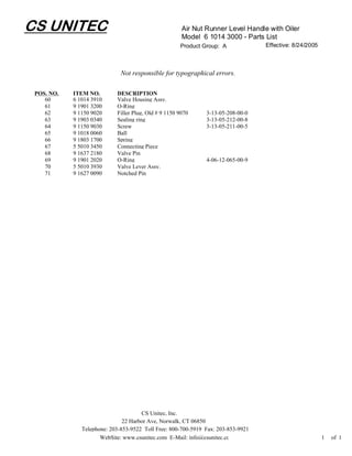 CS UNITEC                                              Air Nut Runner Level Handle with Oiler
                                                       Model 6 1014 3000 - Parts List
                                                      Product Group: A             Effective: 8/24/2005



                              Not responsible for typographical errors.

 POS. NO.   ITEM NO.        DESCRIPTION
    60      6 1014 3910     Valve Housing Assy.
    61      9 1901 3200     O-Ring
    62      9 1150 9020     Filler Plug, Old # 9 1150 9070     3-13-05-208-00-0
    63      9 1903 0340     Sealing ring                       3-13-05-212-00-8
    64      9 1150 9030     Screw                              3-13-05-211-00-5
    65      9 1018 0060     Ball
    66      9 1803 1700     Spring
    67      5 5010 3450     Connecting Piece
    68      9 1637 2180     Valve Pin
    69      9 1901 2020     O-Ring                             4-06-12-065-00-9
    70      5 5010 3930     Valve Lever Assy.
    71      9 1627 0090     Notched Pin




                                      CS Unitec, Inc.
                               22 Harbor Ave, Norwalk, CT 06850
               Telephone: 203-853-9522 Toll Free: 800-700-5919 Fax: 203-853-9921
                      WebSite: www.csunitec.com E-Mail: info@csunitec.co                                  1   of 1
 