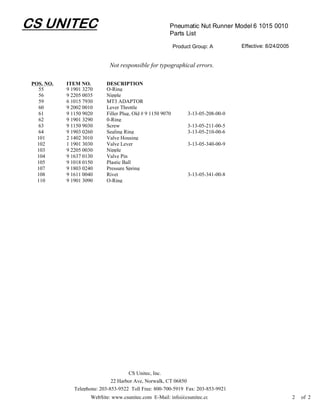 CS UNITEC                                                Pneumatic Nut Runner Model 6 1015 0010
                                                         Parts List

                                                             Product Group: A        Effective: 8/24/2005


                              Not responsible for typographical errors.

 POS. NO.   ITEM NO.        DESCRIPTION
   55       9 1901 3270     O-Ring
   56       9 2205 0035     Nipple
   59       6 1015 7930     MT3 ADAPTOR
   60       9 2002 0010     Lever Throttle
   61       9 1150 9020     Filler Plug, Old # 9 1150 9070        3-13-05-208-00-0
   62       9 1901 3290     0-Ring
   63       9 1150 9030     Screw                                 3-13-05-211-00-5
   64       9 1903 0260     Sealing Ring                          3-13-05-210-00-6
   101      2 1402 3010     Valve Housing
   102      1 1901 3030     Valve Lever                           3-13-05-340-00-9
   103      9 2205 0030     Nipple
   104      9 1637 0130     Valve Pin
   105      9 1018 0150     Plastic Ball
   107      9 1803 0240     Pressure Spring
   108      9 1611 0040     Rivet                                 3-13-05-341-00-8
   110      9 1901 3090     O-Ring




                                      CS Unitec, Inc.
                               22 Harbor Ave, Norwalk, CT 06850
               Telephone: 203-853-9522 Toll Free: 800-700-5919 Fax: 203-853-9921
                      WebSite: www.csunitec.com E-Mail: info@csunitec.co                                    2   of 2
 
