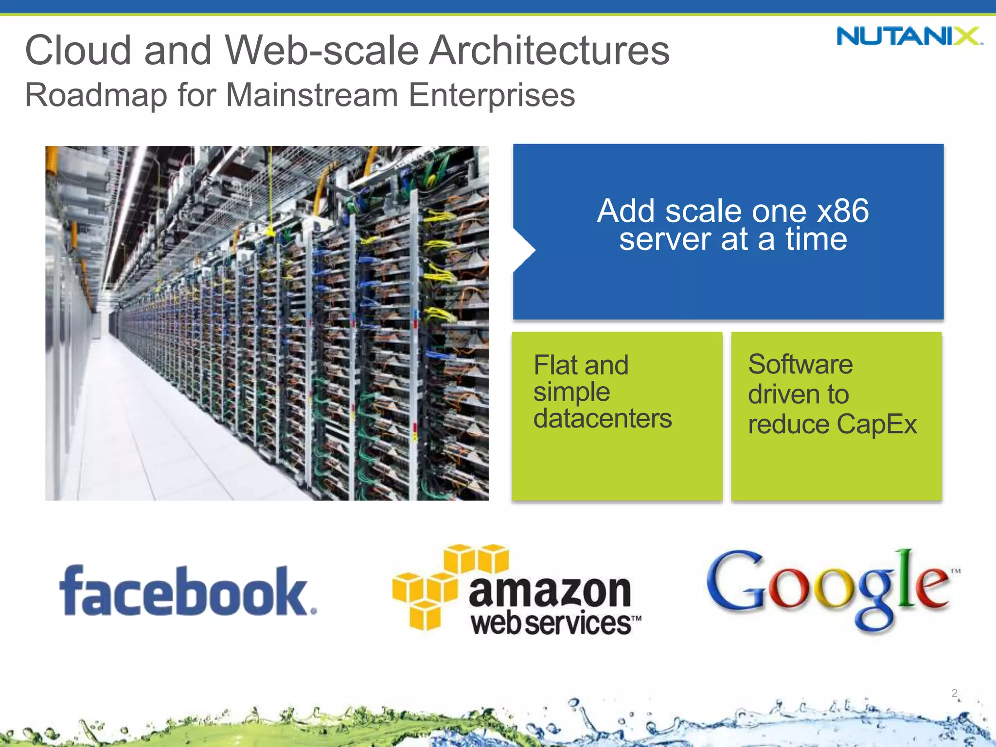 2
Add scale one x86
server at a time
Flat and
simple
datacenters
Software
driven to
reduce CapEx
Cloud and Web-scale Architectures
Roadmap for Mainstream Enterprises
 